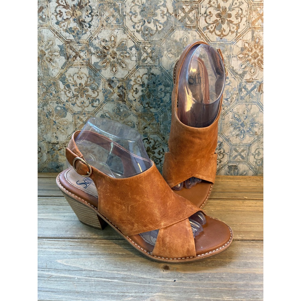 Söfft Block Heel Sandals Leather Cutout Womens 8M Cognac Brown Excellent
